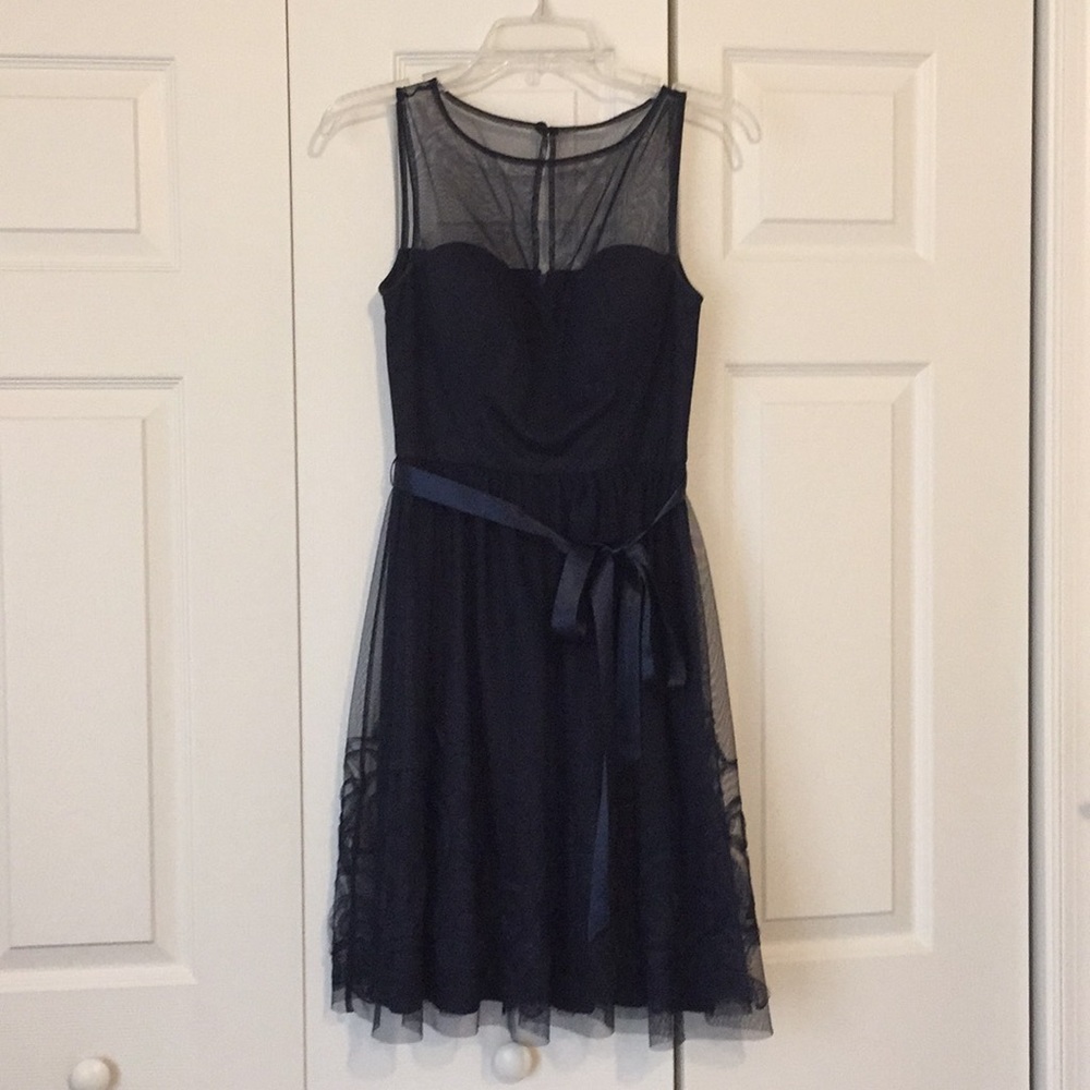 Illusion neck line navy blue dress